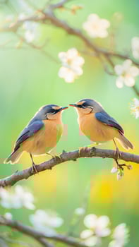 Two Small Birds Perched on Branch Spring Blossoms Wildlife Nature Photography photo