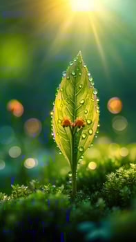 Dew Kissed Leaf with Blossoms Sunrise Nature Macro Photography photo
