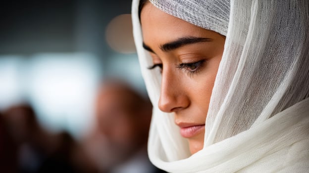 Close up of thoughtful young woman wearing white hijab photo