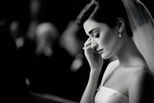 Beautiful bride wipes away tears during wedding ceremony photo
