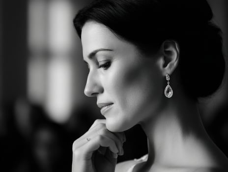 Elegant woman posing in black and white, wearing fine jewelry photo