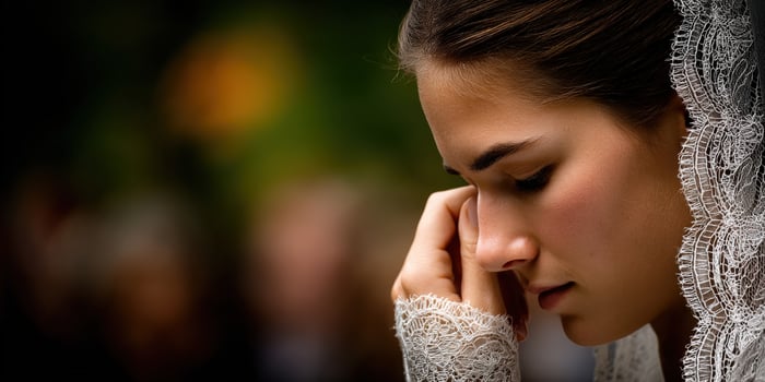 Young woman in white dress and lace mantilla praying photo