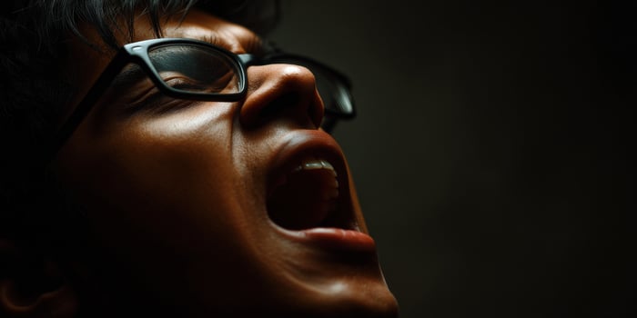 Man with glasses screams in anguish toward the sky photo