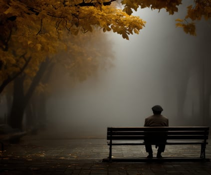 Old man sits on a bench in foggy autumn Park at twilight photo