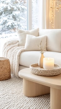 cozy living room with a white sofa adorned with textured pillows. A wooden coffee table holds a a and candle decorative plant. Snow is visible outside the window photo