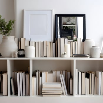 Organized bookshelves showcasing a neutral color palette. photo