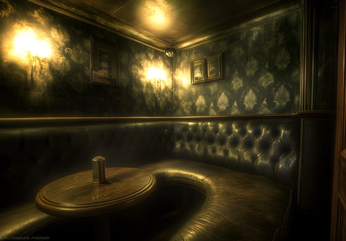 Dark, intimate, dimly lit corner bar booth. photo