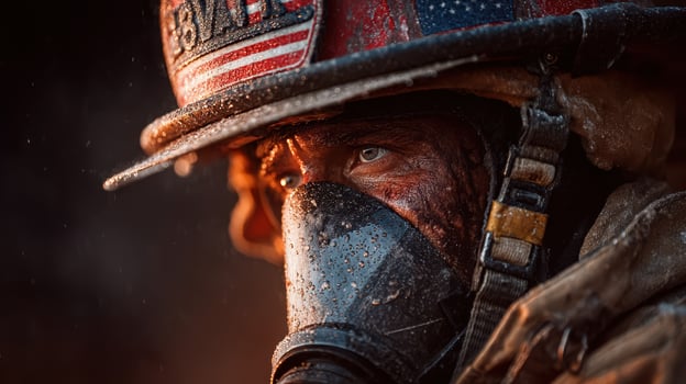 Firefighter in action wearing a mask during a challenging rescue operation at a fire site in the evening glow photo