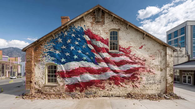 Mural of American flag painted on old brick building in urban area during daylight photo