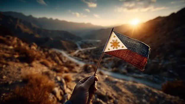 Hand holding a worn Philippine flag against a stunning mountain sunset in a remote location photo