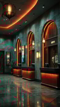 Elegant hotel lobby with warm lighting and modern design creates a welcoming atmosphere for guests in the evening photo