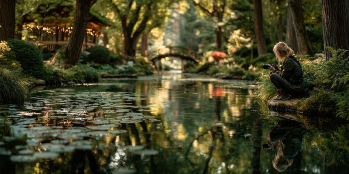 Serene lady capturing nature's beauty by a tranquil pond surrounded by lush greenery and a charming bridge during golden hour photo