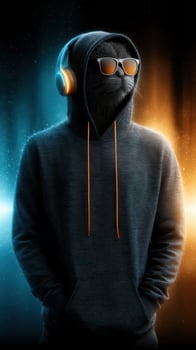 Cool animal character in hoodie and sunglasses enjoying music with vibrant background lights in a futuristic setting photo