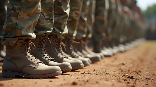 Military boots lined up in a row photo