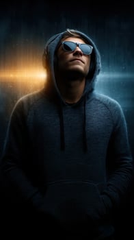 Young man wearing sunglasses and hoodie listens to music while surrounded by dramatic lighting effects photo