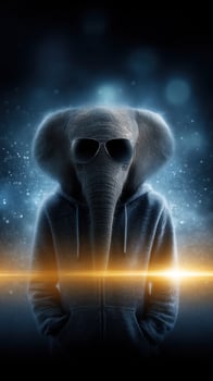 Creative portrayal of a stylish elephant in a hoodie with sunglasses against a cosmic background photo