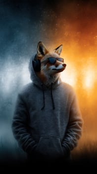 Fox character wearing sunglasses and headphones in an urban setting during nighttime music performance photo
