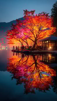 Vibrant autumn foliage reflects on a calm lake at dusk, drawing crowds near an inviting lakeside structure photo