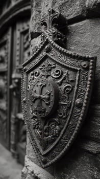 Ornate black shield with intricate design mounted on a stone wall in historic architecture photo