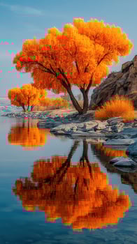 Vibrant autumn trees reflecting in tranquil water along a serene lakeside at noon photo