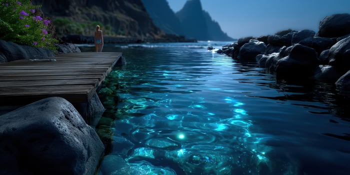 Serene evening at the tranquil bay with a person gazing at the water under a starry sky in a beautiful coastal setting photo