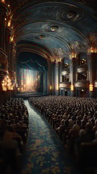 Audience watches an enchanting performance at a grand theater filled with ornate decorations and dim lighting photo