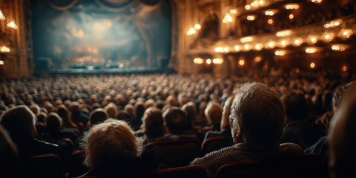 Audience enjoys live performance at an elegant theater during an evening event featuring dramatic lighting and rich decor photo