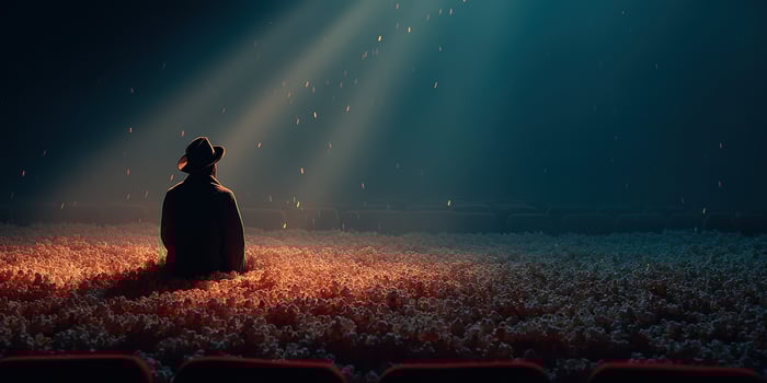 Mysterious figure sits alone in a dark theater surrounded by a sea of popcorn at dusk photo