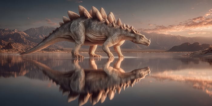 Stegosaurus walking beside a serene lake at sunset with mountains in the background creating a tranquil atmosphere photo
