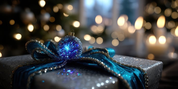 Beautifully wrapped holiday gift with a blue bow and ornament in a cozy, softly lit room during winter festivities photo