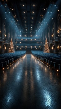 Elegant theater interior with Christmas trees illuminated by soft lights during holiday season photo