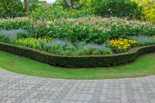 A public park with a variety of flower gardens along the walkway. photo