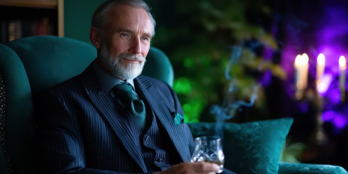Mature man enjoying a drink while seated in a luxurious armchair at a stylishly decorated lounge in the evening photo