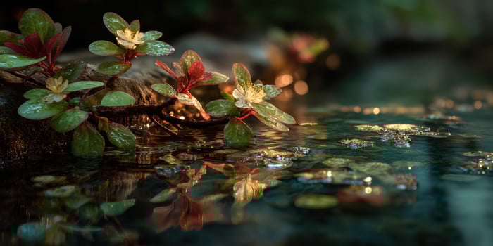 Water droplets glisten on lush green leaves by a serene pond during a tranquil evening in nature photo