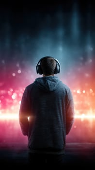 Person in hoodie listens to music with headphones while surrounded by colorful lights at night photo