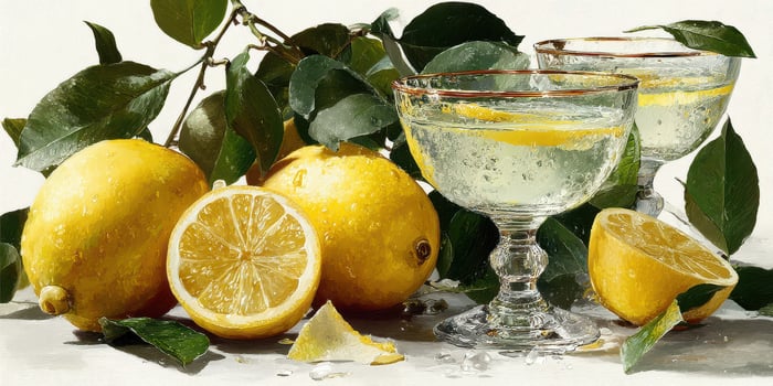 Refreshing lemon drinks with fresh lemons and leaves on a bright countertop in a natural setting photo