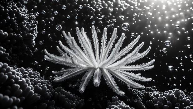Sea Anemone Underwater with Bubbles and Tentacles in Black and White photo