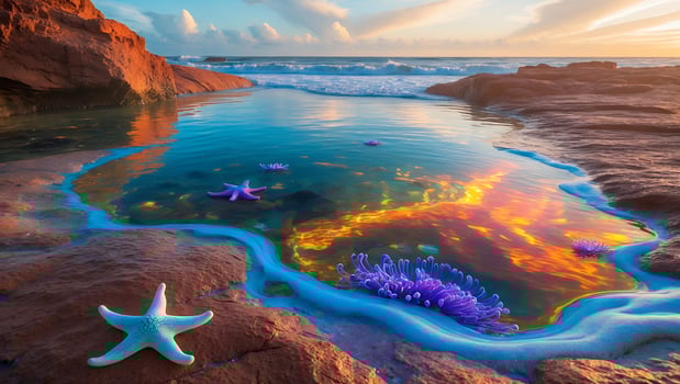 Starfish and Sea Anemones in a Coastal Tide Pool at Sunset photo
