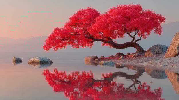 Stunning red tree reflects in tranquil water at dawn by a serene lake surrounded by mountains photo