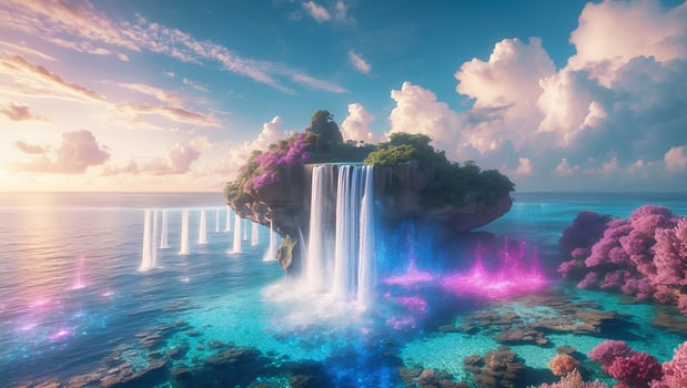 Waterfall Cascading From Island Oasis Into Crystal Clear Ocean Waters photo