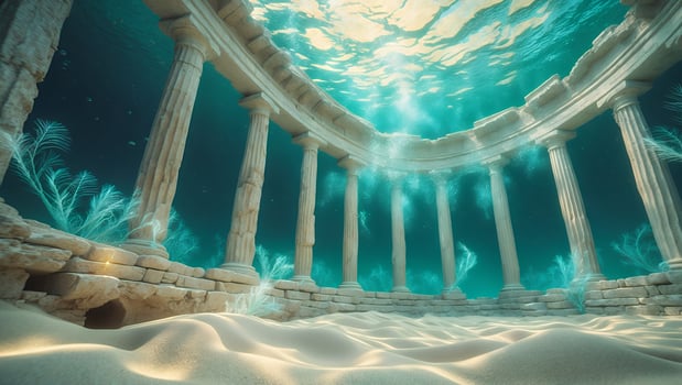Underwater Ruins with Columns and Sandy Floor Create Mysterious Scene photo