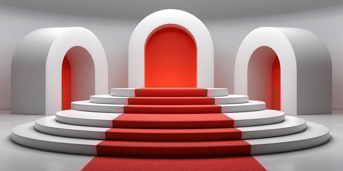 Elegant ceremonial stage with red carpet and minimalistic architectural design for events or presentations photo
