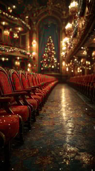Empty theater with red velvet chairs and a beautifully lit Christmas tree in the background during the holiday season photo