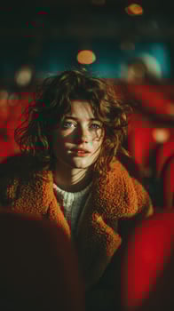 Young woman with curly hair in a cozy brown coat sits among red theater seats during an evening performance photo