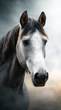 Majestic gray horse gazing into the distance in a serene setting during early morning photo