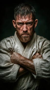 Intense martial artist posing confidently in traditional attire with a fierce expression photo