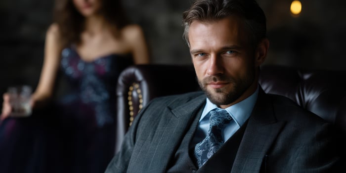 Man in a tailored suit sitting confidently in a luxurious chair while a woman lounges in the background at an elegant evening gathering photo