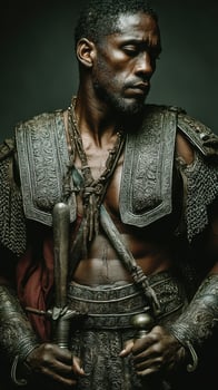 Ancient warrior in ornate armor poses with sword against dark backdrop photo