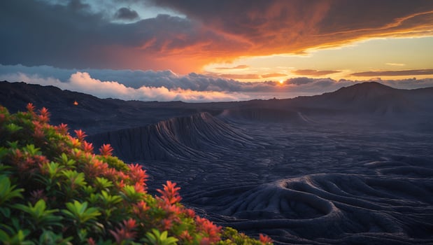Volcanic Crater Landscape at Sunset with Flowers in Foreground photo