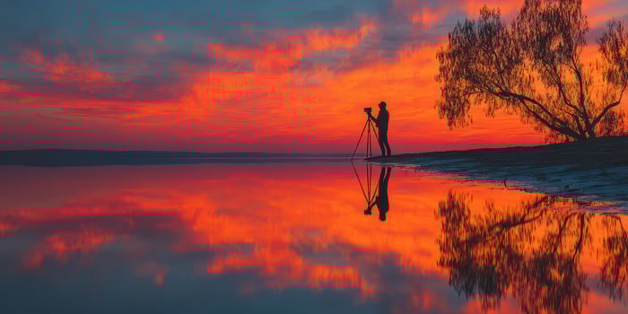 Photographers capturing vibrant sunset reflections at a tranquil lakeshore photo